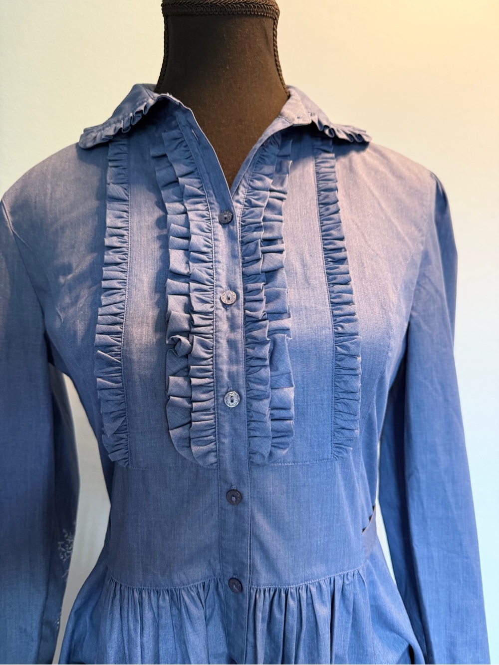 Classic Blue Maxi Ruffle Front Shirt Dress - Picture 3 of 14